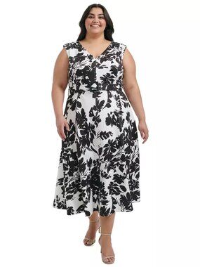 Calvin Klein Plus Size V-Neck Sleeveless Scuba Dress Black and White Floral 14W